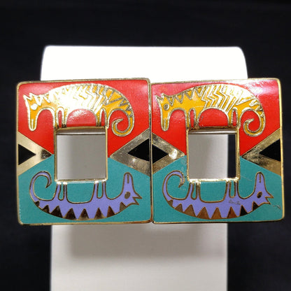 Laurel Burch "Primal Horse" Large Post Earrings, Gold Plated Cloisonné Enamel, 1980s Vintage Jewelry