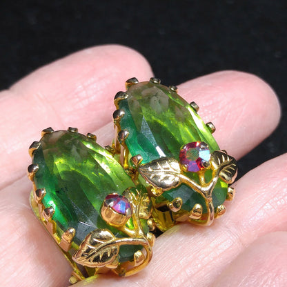 Kramer Austria Green Clip Earrings, Gold Plated, 1950s Vintage Jewelry