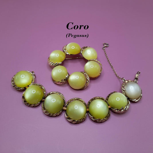 Vintage Coro Pegasus Moonglow Lucite Bracelet Brooch Set, 1950s, Gold Tone