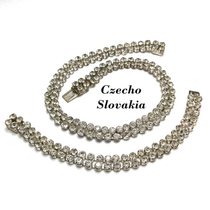 Czecho Slovakia Rhinestone Necklace & Bracelet, Clear Rhinestones, 1930s Vintage Jewelry