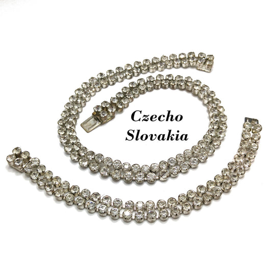 Czecho Slovakia Rhinestone Necklace & Bracelet, Clear Rhinestones, 1930s Vintage Jewelry