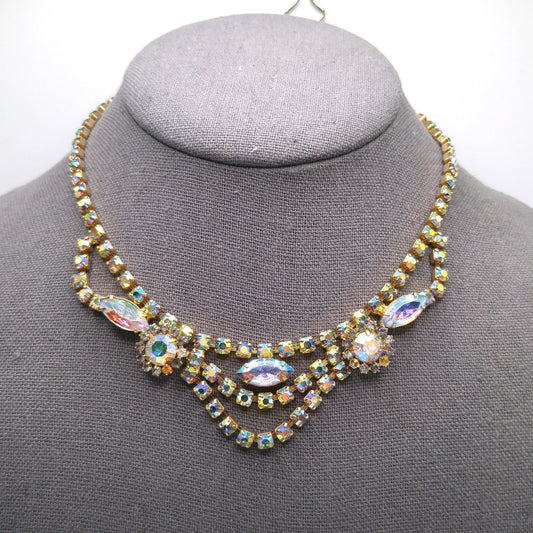 Vintage Aurora Borealis Rhinestone Necklace, Formal Choker, 1960s Vintage Jewelry