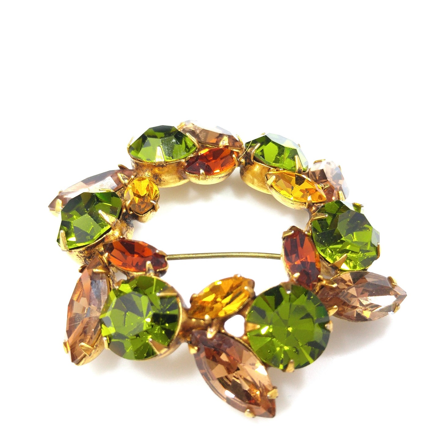 Vintage Regency Wreath Brooch, Green Topaz Citrine Crystal Rhinestones, 1950s Vintage Jewelry