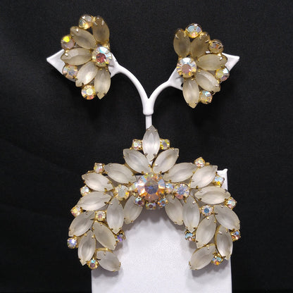 Frosty Rhinestone Brooch & Clip Earrings, Aurora Borealis, Gold Plated, 1960s Vintage Jewelry