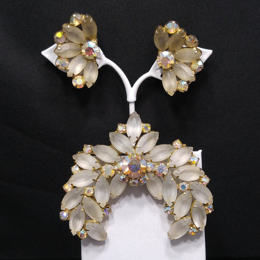 Frosty Rhinestone Brooch & Clip Earrings, Aurora Borealis, Gold Plated, 1960s Vintage Jewelry