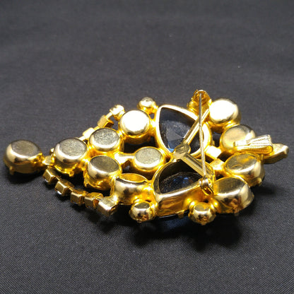 Large Blue Rhinestone Brooch & Pendant, Gold Plated, 1960s Vintage Jewelry