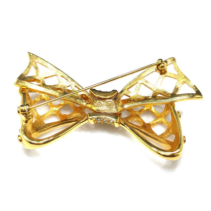 Swarovski Gold Bow Brooch, Clear Rhinestones, Vintage 1980s Jewelry