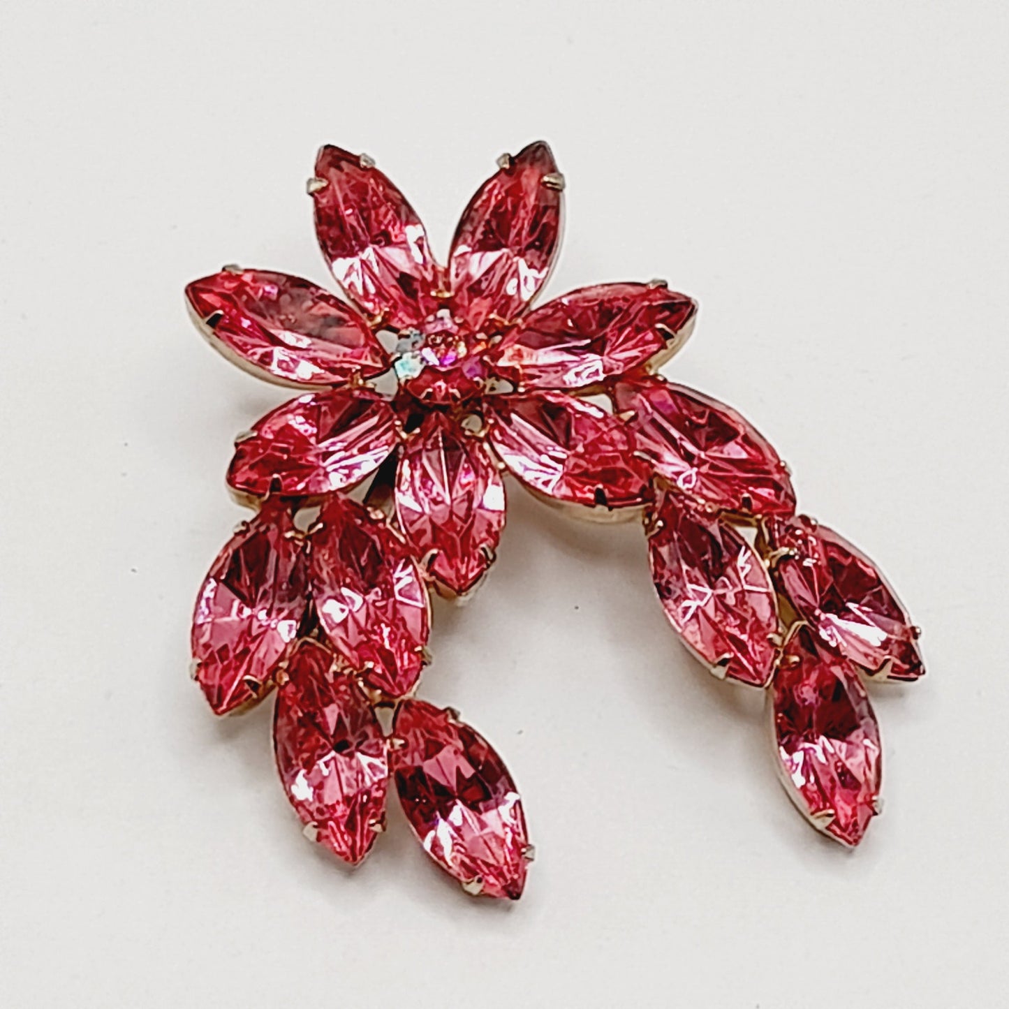 Vintage Pink Rhinestone Floral Brooch, Marquise Stones, 1950s Jewelry