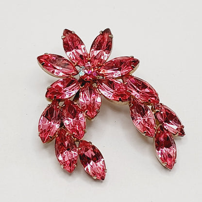 Vintage Pink Rhinestone Floral Brooch, Marquise Stones, 1950s Jewelry