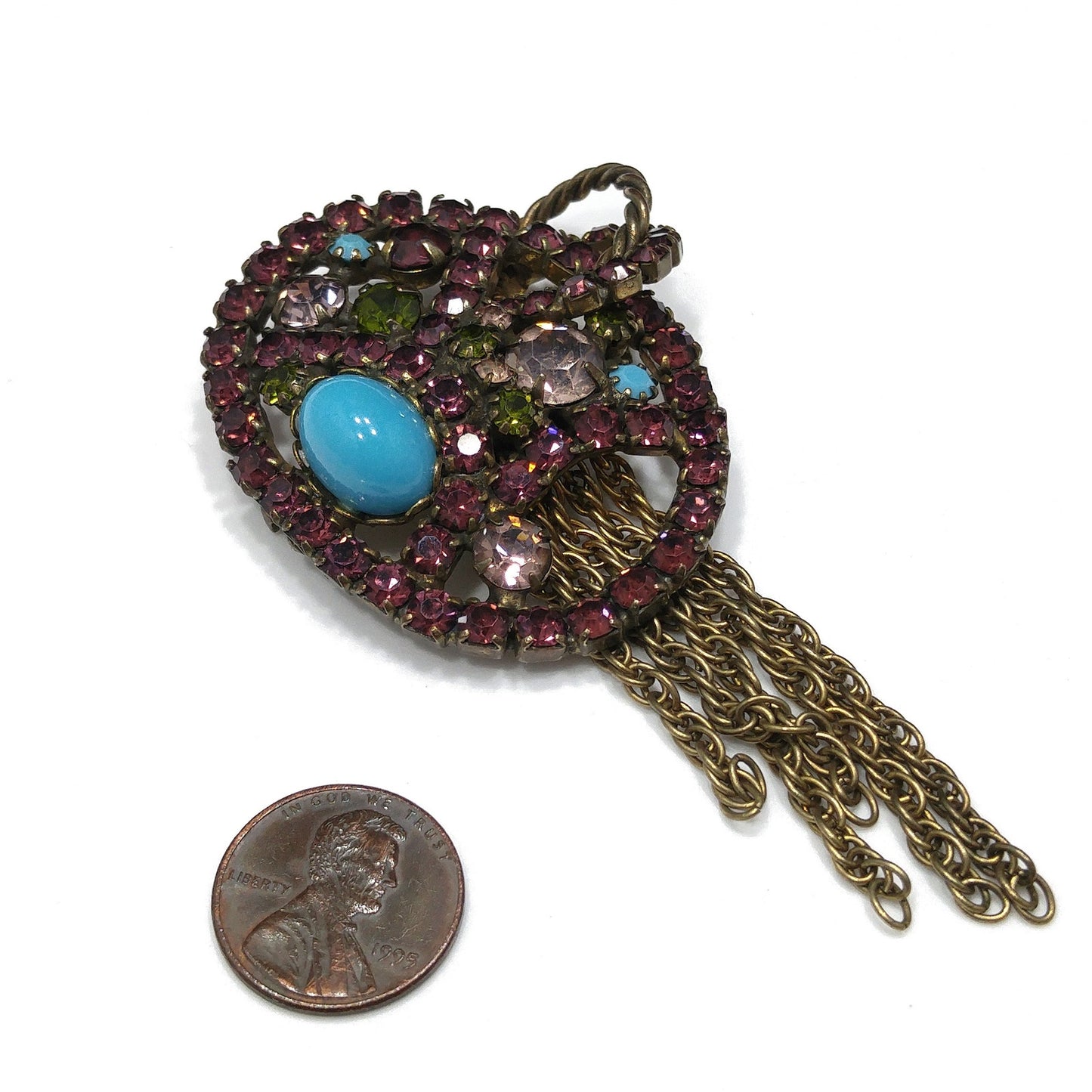 Vintage Purple Rhinestone Turquoise Cabochon Brooch, Antique Gold Tone Fringe Pin