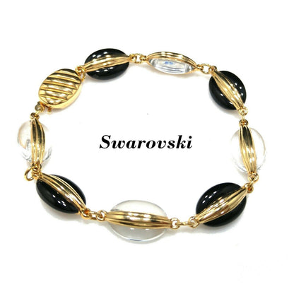 Swarovski Black & Clear Crystal Bracelet, Gold Plated, 1990s Vintage Jewelry