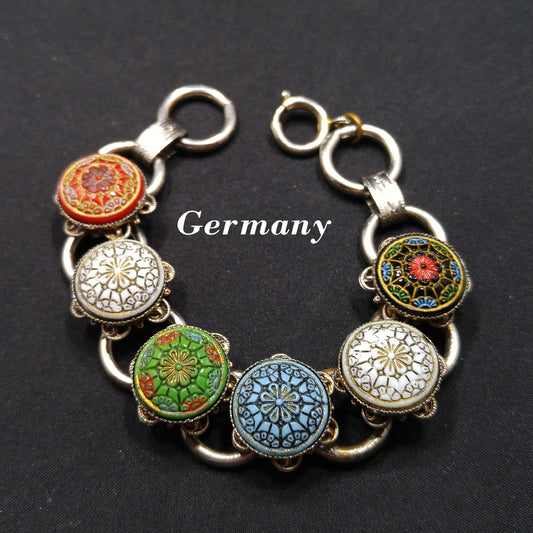 Vintage Germany Colorful Enamel Molded Links Bracelet, Book Chain, 1940s Vintage Jewelry