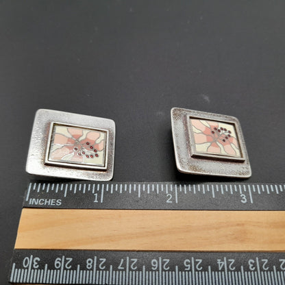 Laurel Burch Pink Flower Clip Earrings, Silver Plate, Cloisonne Enamel, 1980s Vintage Jewelry