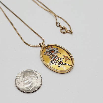 Vintage Reed & Barton Damascene July Larkspur Pendant Necklace Floral Birth Flower