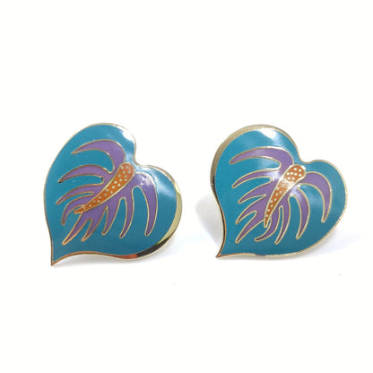 Vintage Laurel Burch Teal Anthurium Post Earrings, 1980s Vintage Jewelry