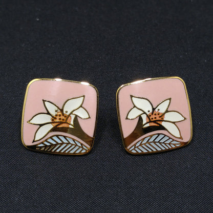 Vintage Laurel Burch "Wild Lily" Pink Post Earrings, Cloisonne Gold Plated