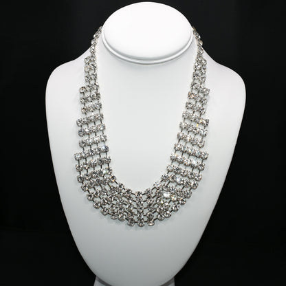 Vintage Clear Rhinestone Frontal Necklace, Rhodium Plating, 18 1/2 Inches, 1980s Vintage Jewelry