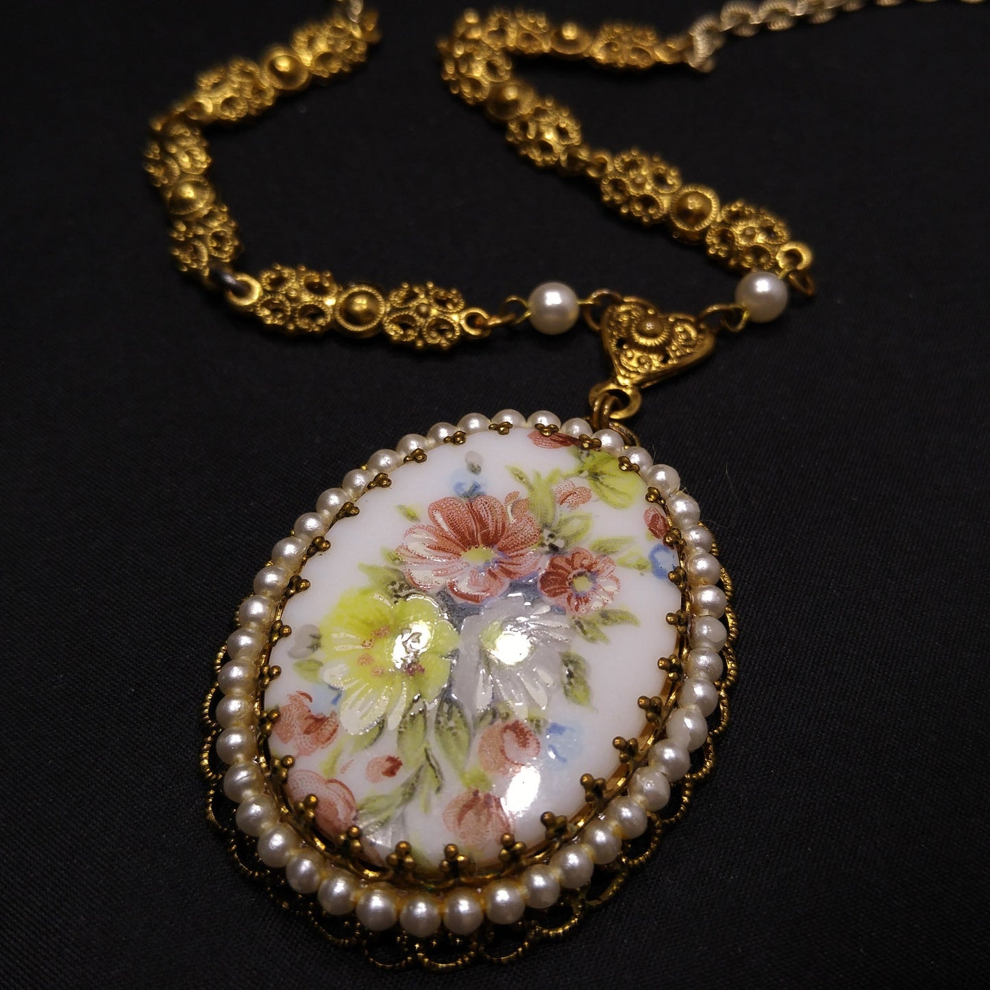 West Germany Floral Ceramic Pendant Necklace, Faux Pearls, 1960s Vintage Jewelry