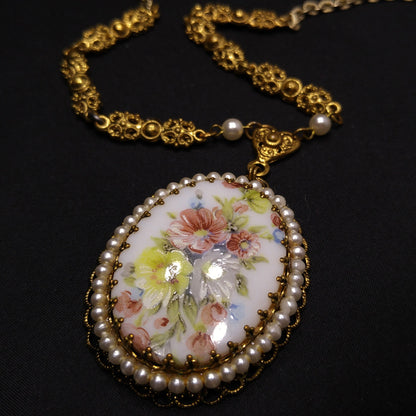 West Germany Floral Ceramic Pendant Necklace, Faux Pearls, 1960s Vintage Jewelry