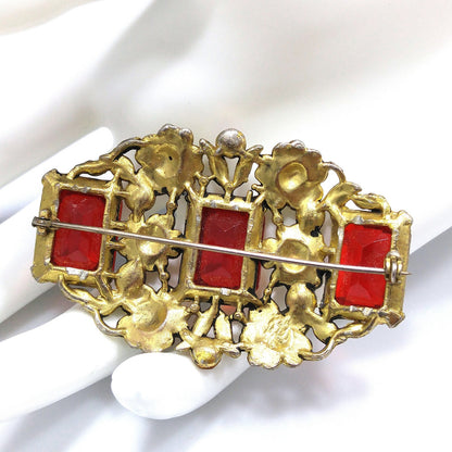 Art Nouveau Red Glass Floral Brooch, Three Red Emerald Cut Stones, 1930s Vintage Jewelry