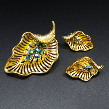 Lisner Blue Aurora Borealis Leaf Brooch & Earrings, Gold Plated, 1960s Vintage Jewelry