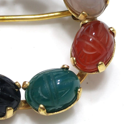 C. C. Gemstone Eight Scarab Brooch, 12K Gold Filled, Garnet Jadeite Quartz, 1950s Vintage Jewelry