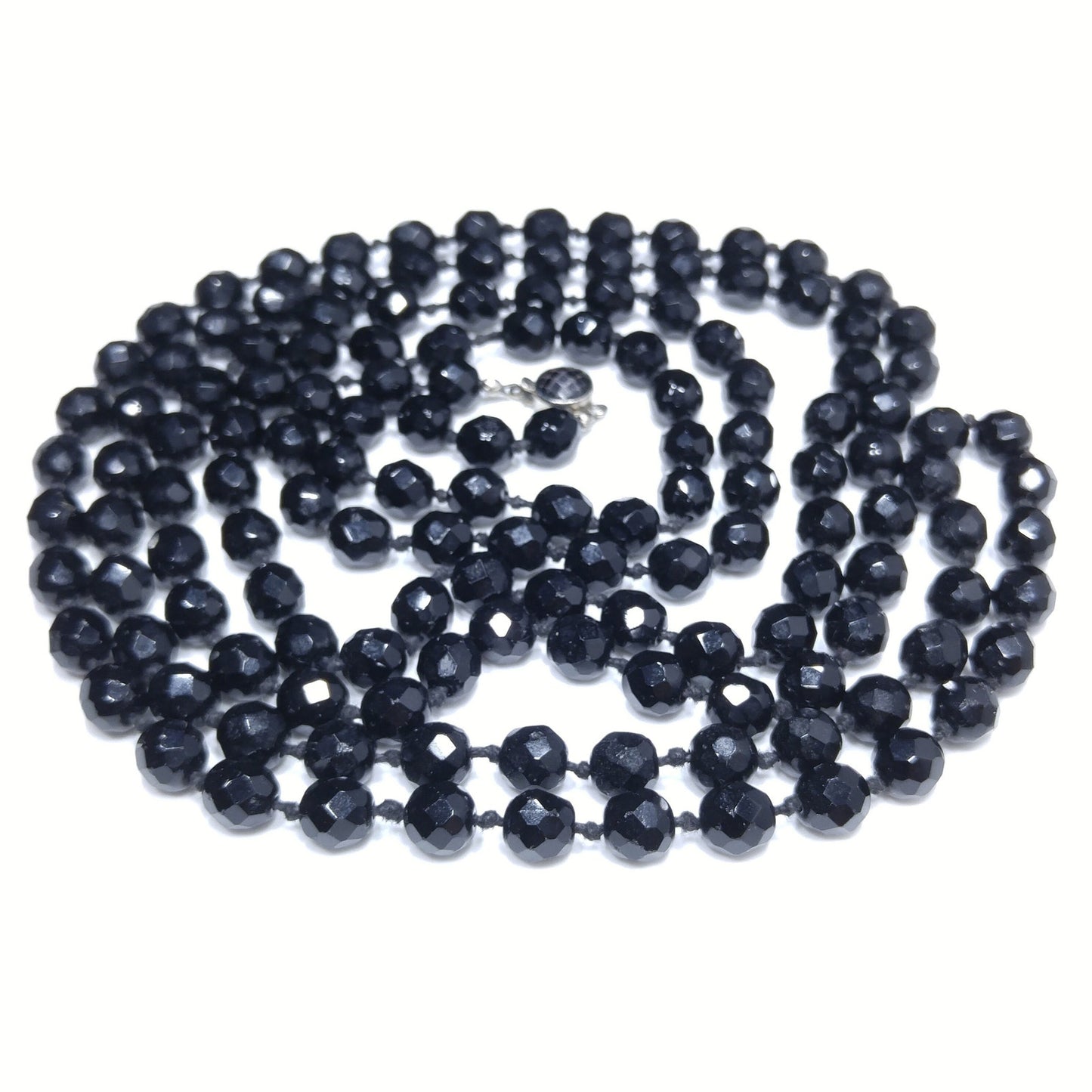 Black Crystal Beaded Necklace, Made in Austria, Hand Knotted, 1920s Vintage