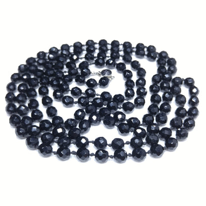 Black Crystal Beaded Necklace, Made in Austria, Hand Knotted, 1920s Vintage