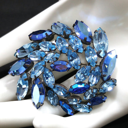 Regency Blue Rhinestone Brooch Earrings Set, 1950s Vintage Jewelry