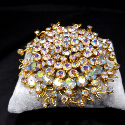 Large Clear Aurora Borealis Brooch, Gold Plated, 1950s Vintage Jewelry