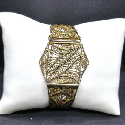 1920s Art Deco Cannetille Filigree Bracelet Gold Vermeil Silver 7 Inch