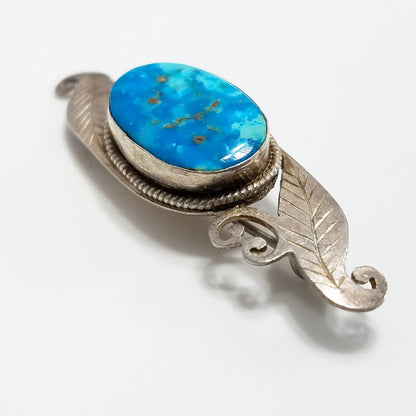 Sterling Silver Turquoise Gemstone Brooch, Bevel Set Stone, Artisan 1960s