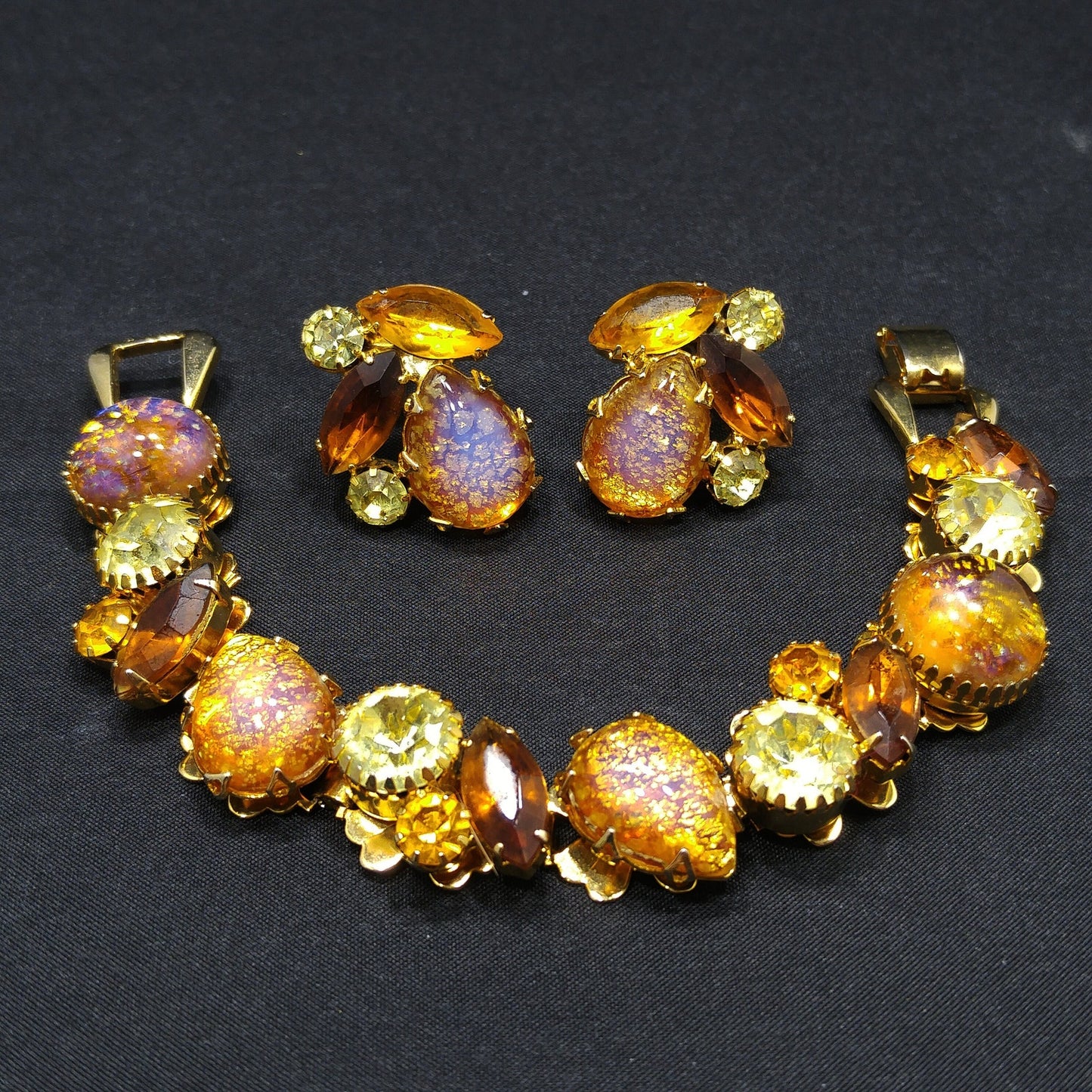 Gold Foil Faux Opal Rhinestone Bracelet & Earrings, Light Topaz Jonquil Rhinestones, 1960s Vintage Jewelry
