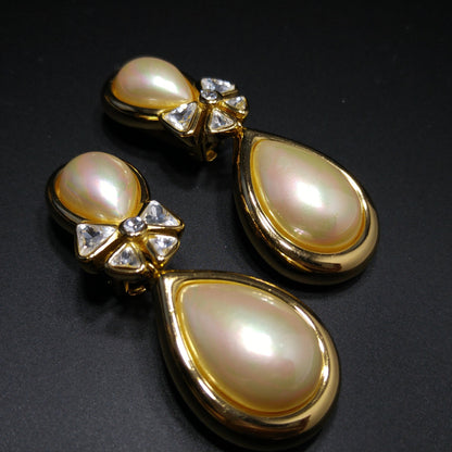 Vintage Christian Dior Large Faux Pearl Dangle Clip Earrings, Gold Plated, 1980s