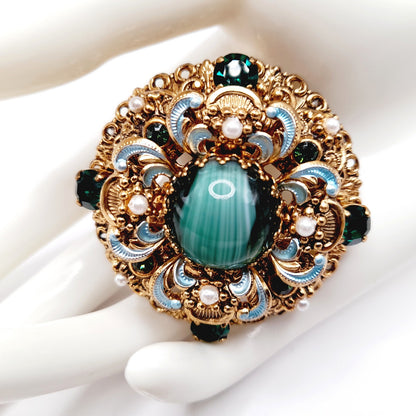 Vintage West Germany 1950s Green Rhinestone Enamel Filigree Faux Pearl Layered Brooch