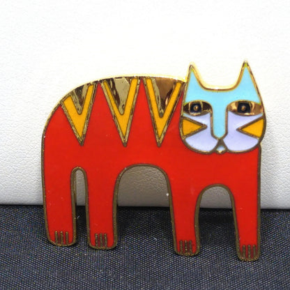 Laurel Burch "Magicat" Red Cat Brooch, Gold Plated Cloisonne Enamel, 1980s Vintage Jewelry