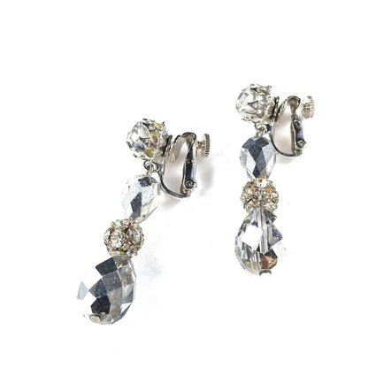 Vendome Silver Crystal Beaded Clip Earrings, Dangle Drop 2", 1960s Vintage Jewelry