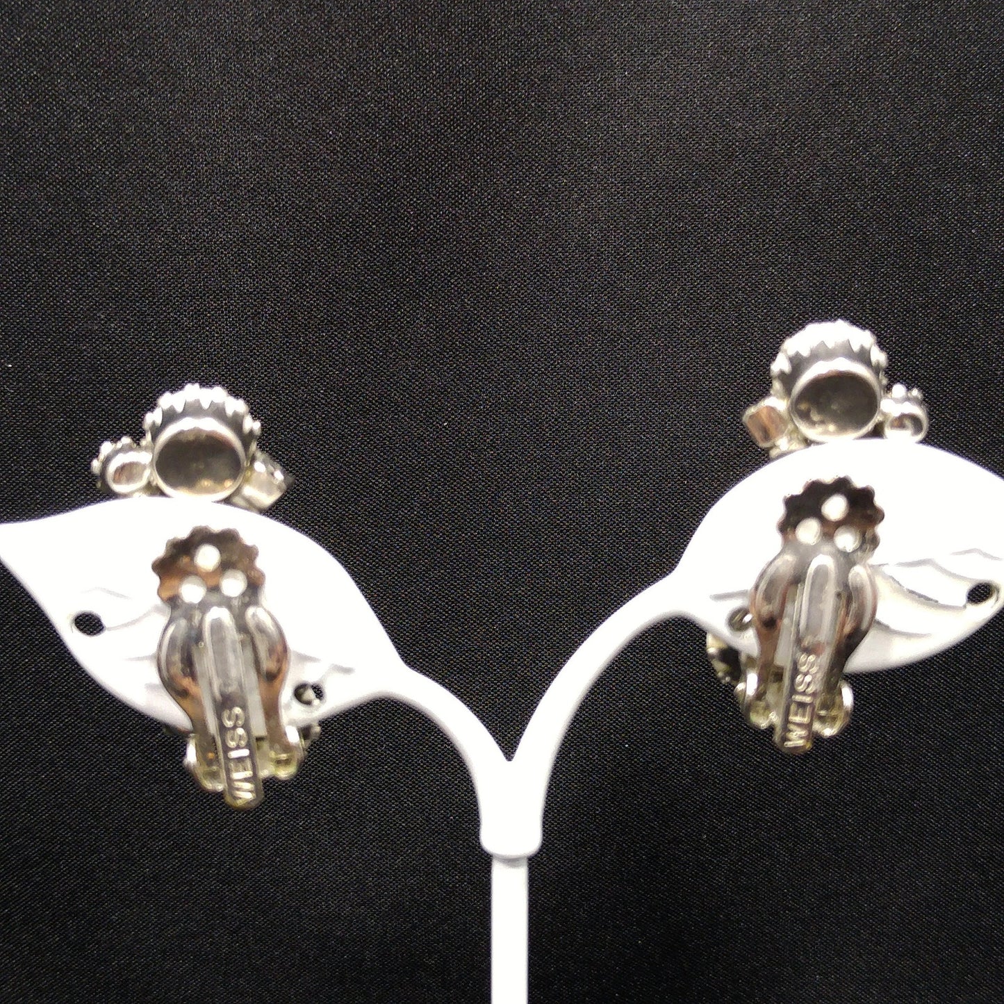 Weiss Aurora Borealis Blue Rhinestone Clip Earrings, White Milk Glass Cabochons, Ear Climbers, 1960s Vintage Jewelry