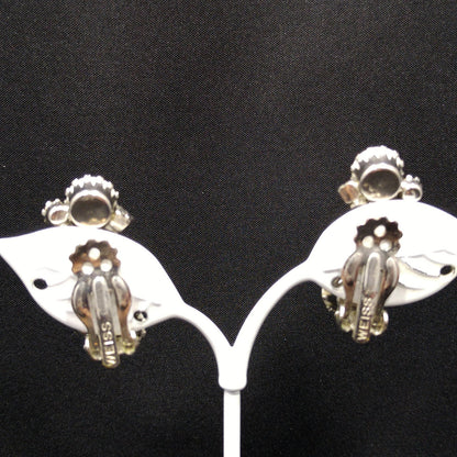 Weiss Aurora Borealis Blue Rhinestone Clip Earrings, White Milk Glass Cabochons, Ear Climbers, 1960s Vintage Jewelry