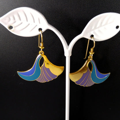 Laurel Burch "Egyptian Flower" Dangle Earrings, Gold Plated Cloisonne, Enamel Teal Purple, 1980s Vintage Jewelry