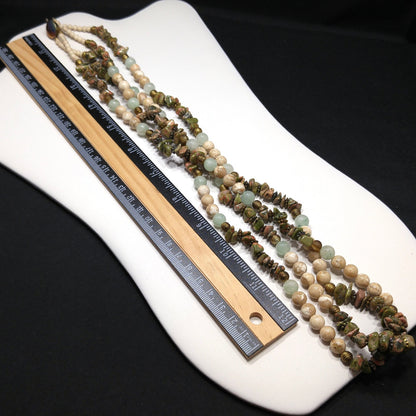 Gemstone Two Strand Beaded Necklace, Jade, Rhyolite and Quartz, 1980s Vintage Jewelry