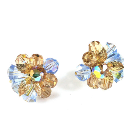Vendome Blue & Gold Crystal Beaded Clip Earrings, Gold Plated, 1960s Vintage Jewelry