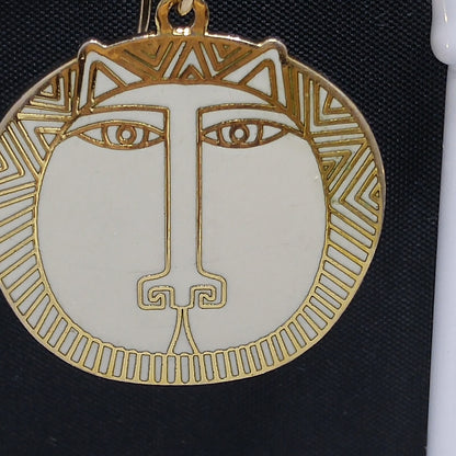 Laurel Burch "Moon Tiger" White Drop Earrings, Gold Plated Cloisonné, White Enamel, 1980s Vintage Jewelry