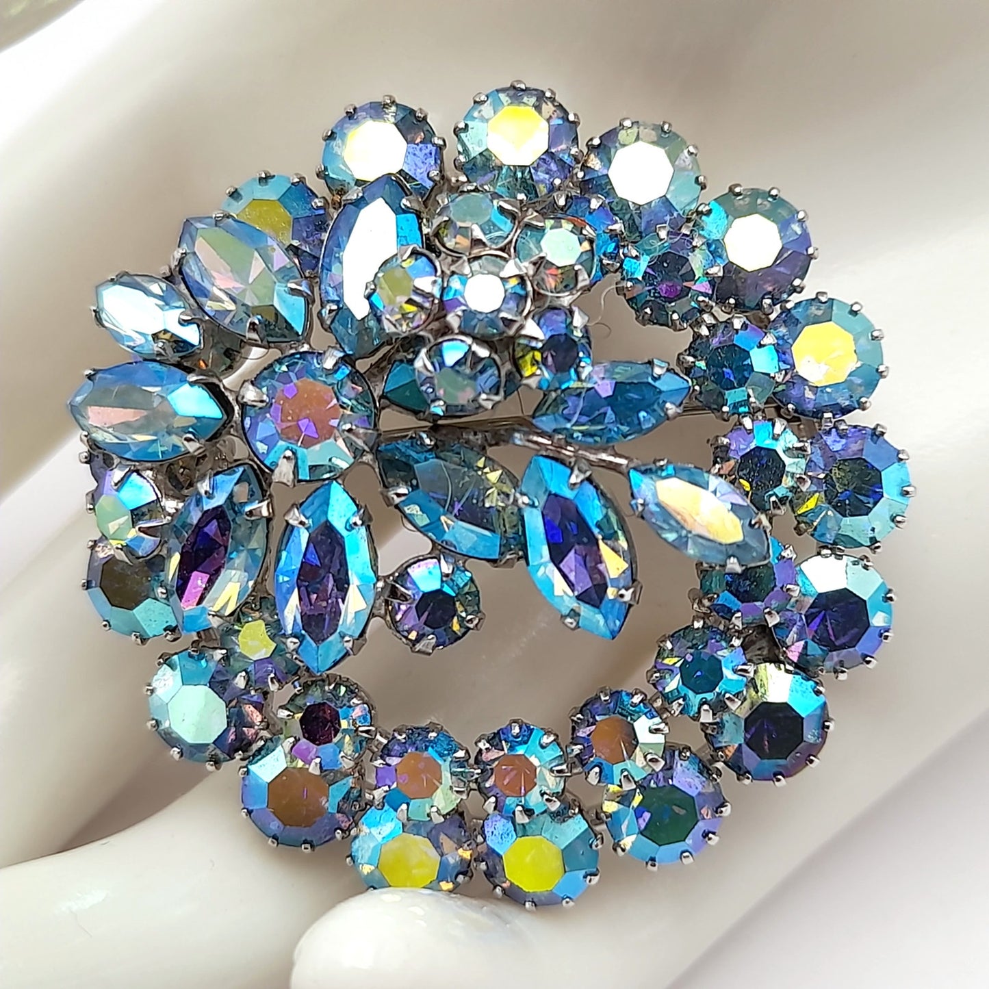 Vintage Sherman Blue Aurora Borealis Rhinestone Brooch