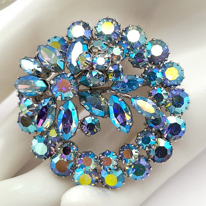 Vintage Sherman Blue Aurora Borealis Rhinestone Brooch