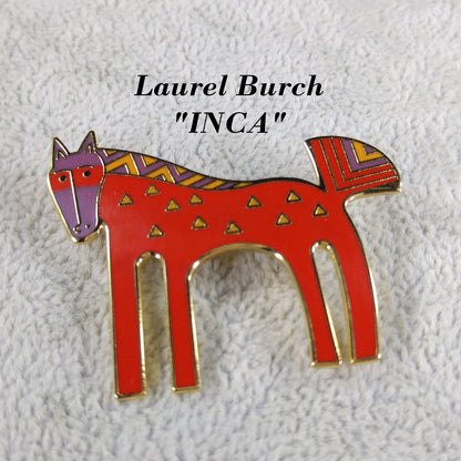Laurel Burch "Inca" Red Horse Brooch, Cloisonné Gold Plated, 1980s Vintage Jewelry