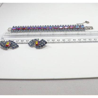 Vintage Rhinestone Bracelet Earring Set, Red Aurora Borealis Emerald Cut