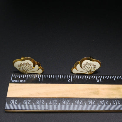 Laurel Burch "Le Fleur" Gold & White Clip Earrings, Gold Plated, 1980s Vintage