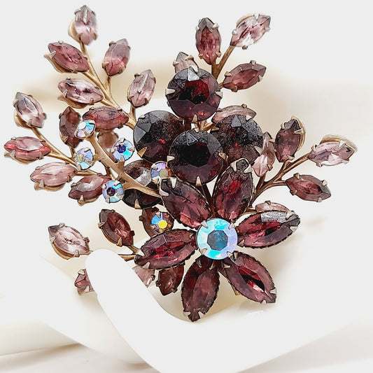 Vintage 1950s Purple Lavender Floral Spray Brooch - Beau Jewels Judy Lee Style Pin - 3 Inch Statement Jewelry