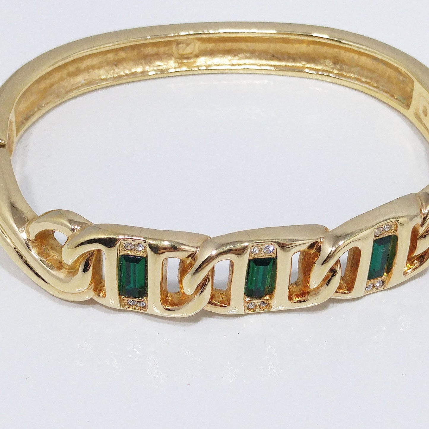 Vintage Swarovski Gold Bracelet – Green & Clear Rhinestones, Swan Logo, 1980s